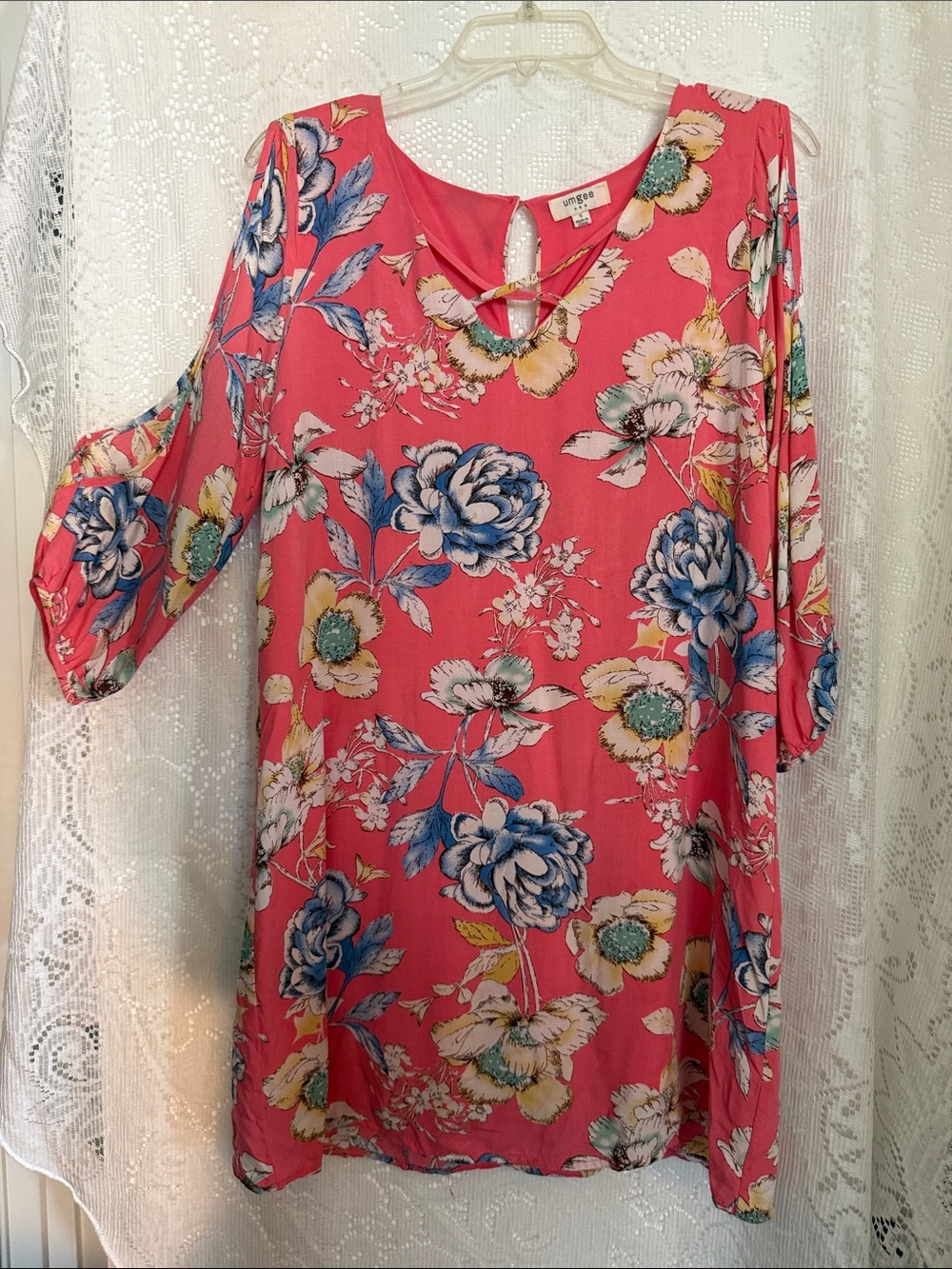 Umgee Cold-Shoulder Tunic - Coral Pink with Blue & Yellow Blooms